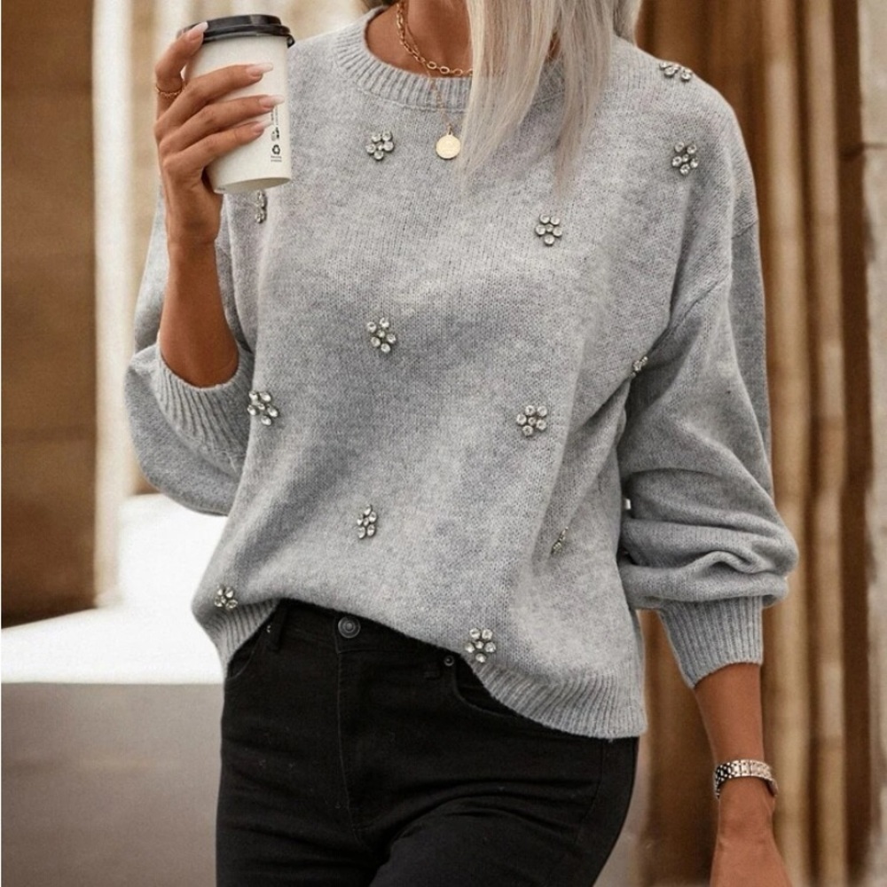 New gray rhinestone detailed sweater